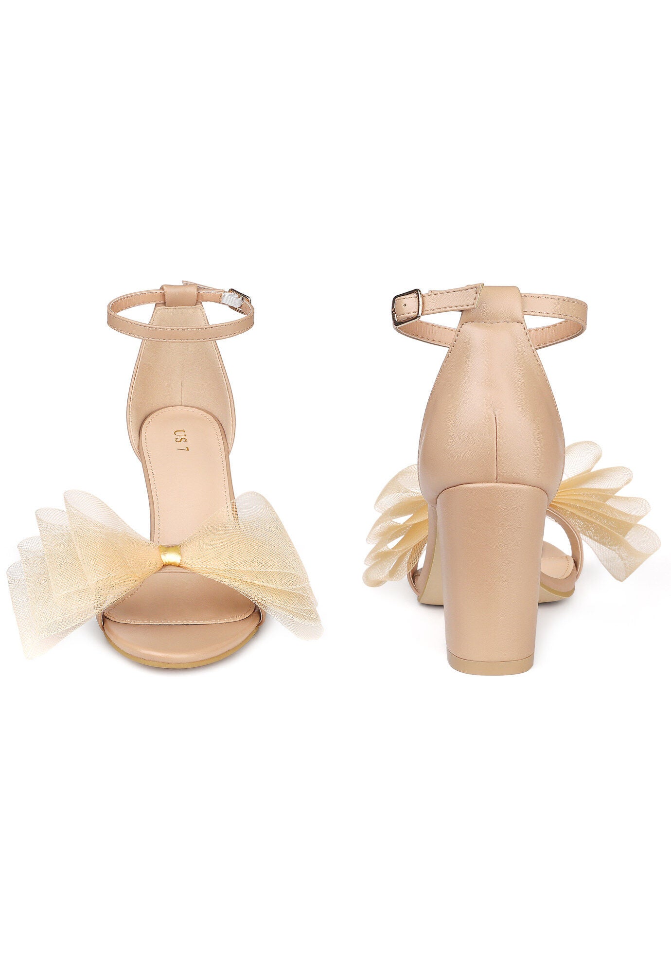 Bow Tie Ankle Strap Chunky High Heels Sandals, Nude / Beige, alternate image number 1