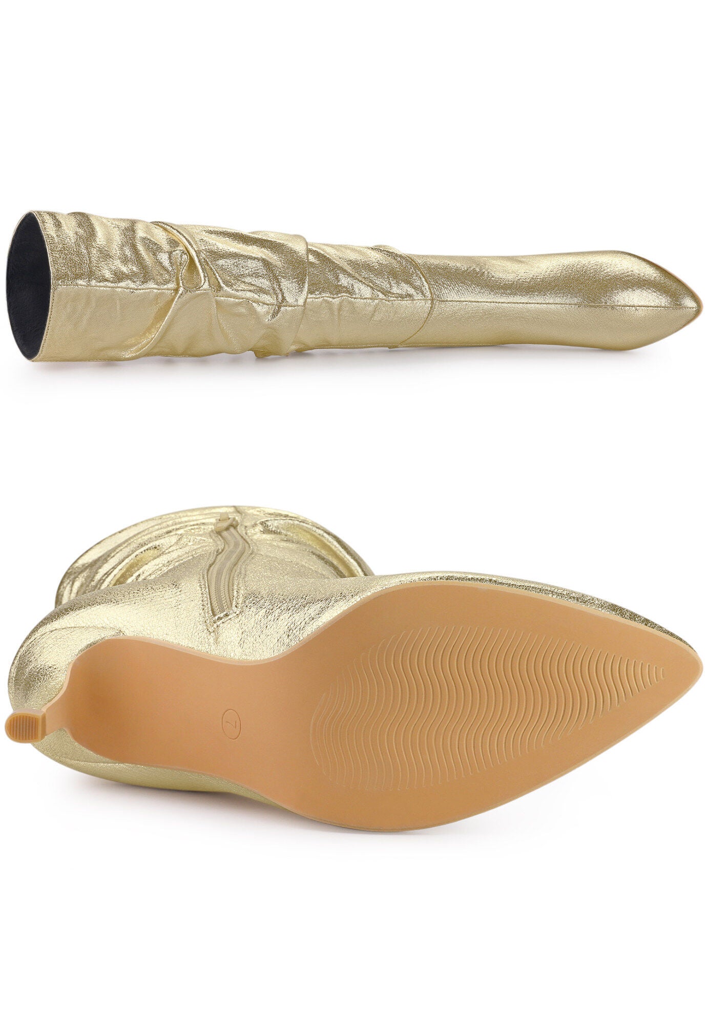 Pointed Toe Slouch Stiletto Heels Knee High Boots, Gold / Gold, alternate image number 3