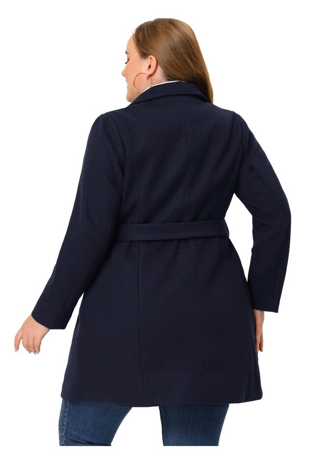 Notched Lapel Tie Waist Peacoat Long Trench Jackets, Navy Blue / Navy, alternate image number 3