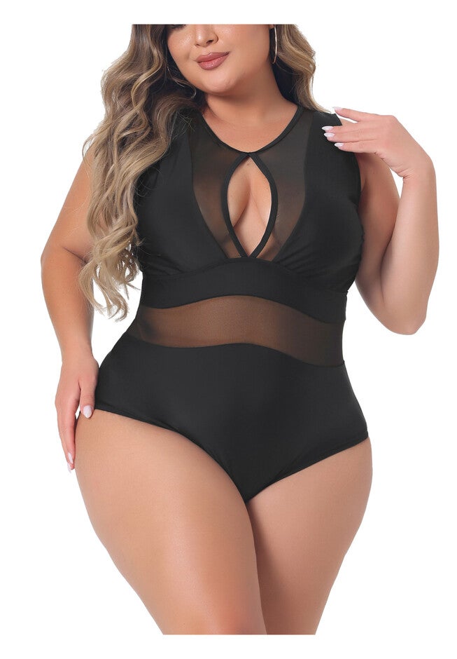 Summer Swimsuit Mesh Open Back Tie Plunge Swimwear, Black / Black, alternate image number 2