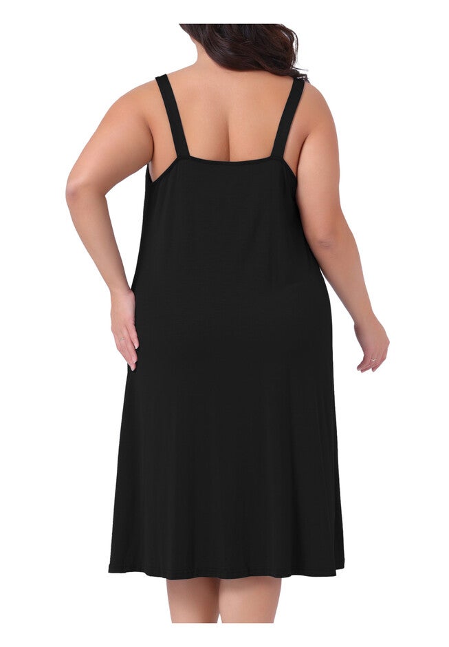 Spaghetti Strap V Neck Sleeveless Chemise Nightdress, Black / Black, alternate image number null