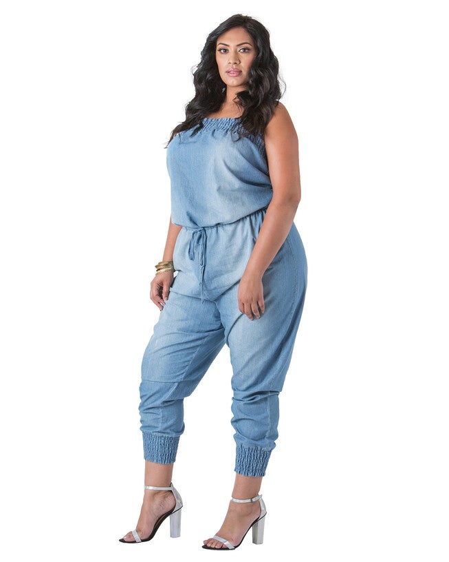 Kimi Light Washed Chambray Strapless Jumpsuits, 2397SFBOARD / Light Blue, alternate image number null