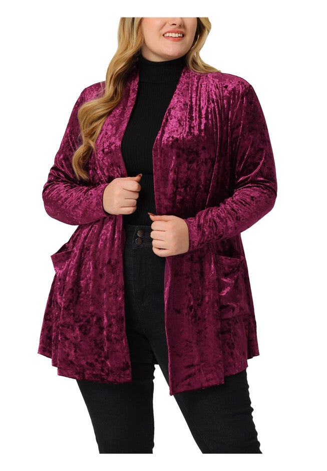 VINTAGE SHAWL COLLAR OPEN FRONT VELVET CARDIGAN, Wine / Red, alternate image number 2