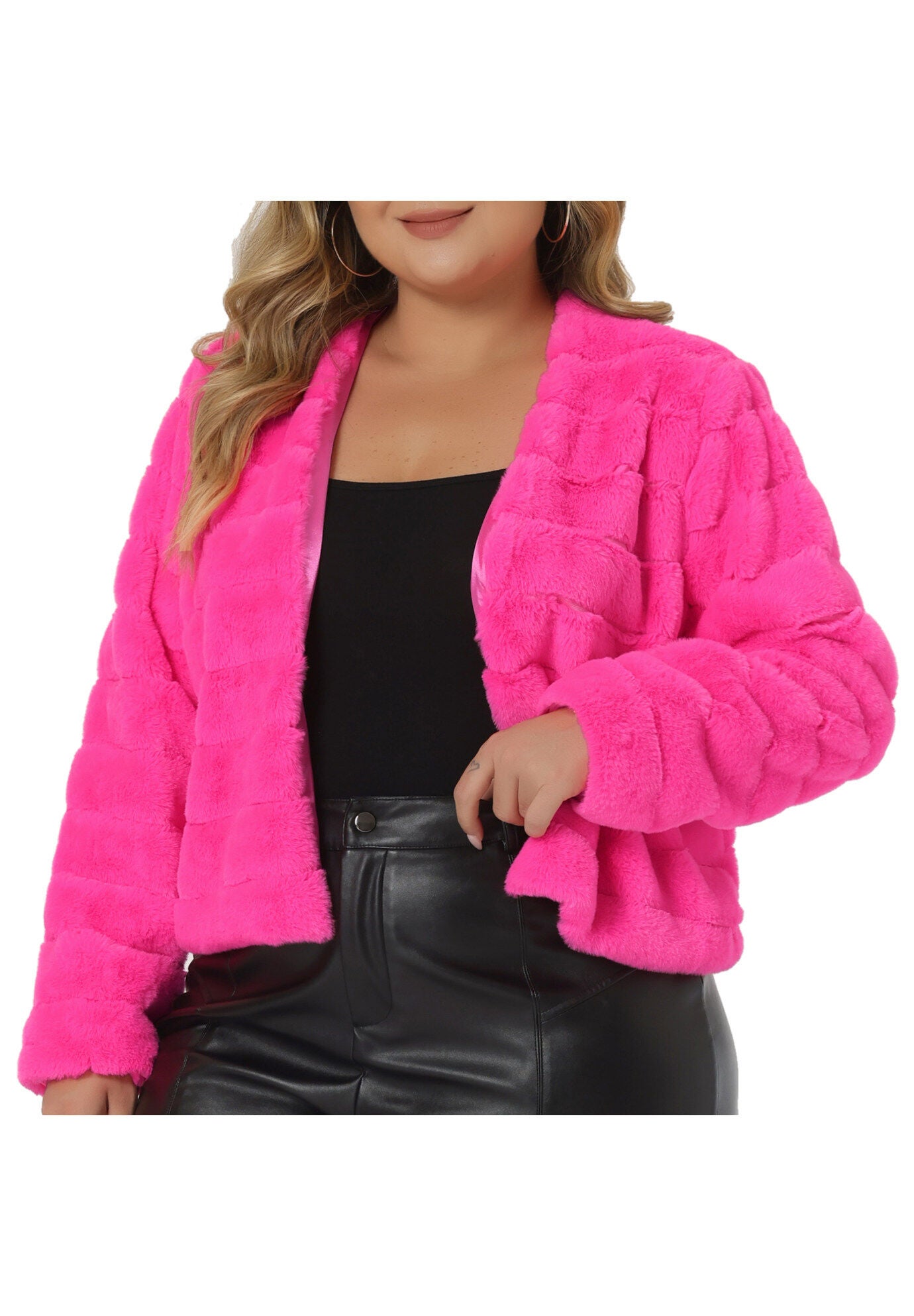 OPEN FRONT CROPPED FAUX FUR WINTER FLUFFY JACKET, Hot Pink / Pink, alternate image number 2