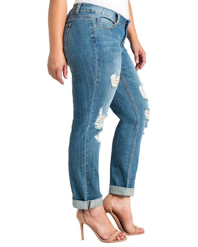Medium Indigo Wash Low Rise Skinny Destroyed Boyfriend Jeans, , alternate image number 6