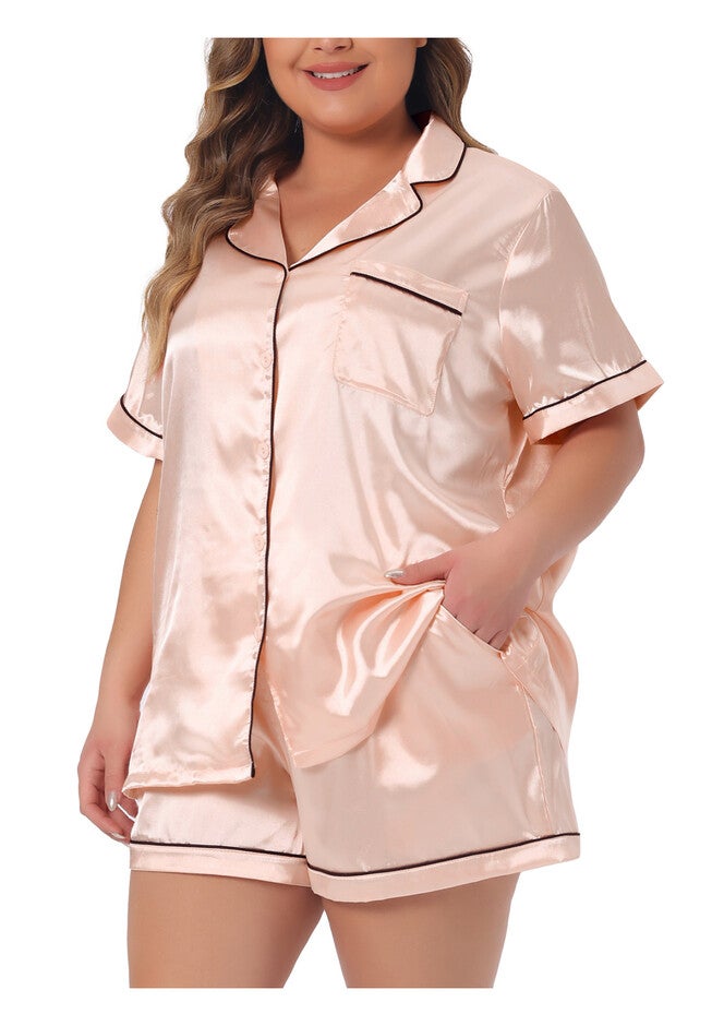 Satin Button Down Top Shorts Lounge Sets with Pocket, Champagne / Gold, alternate image number null