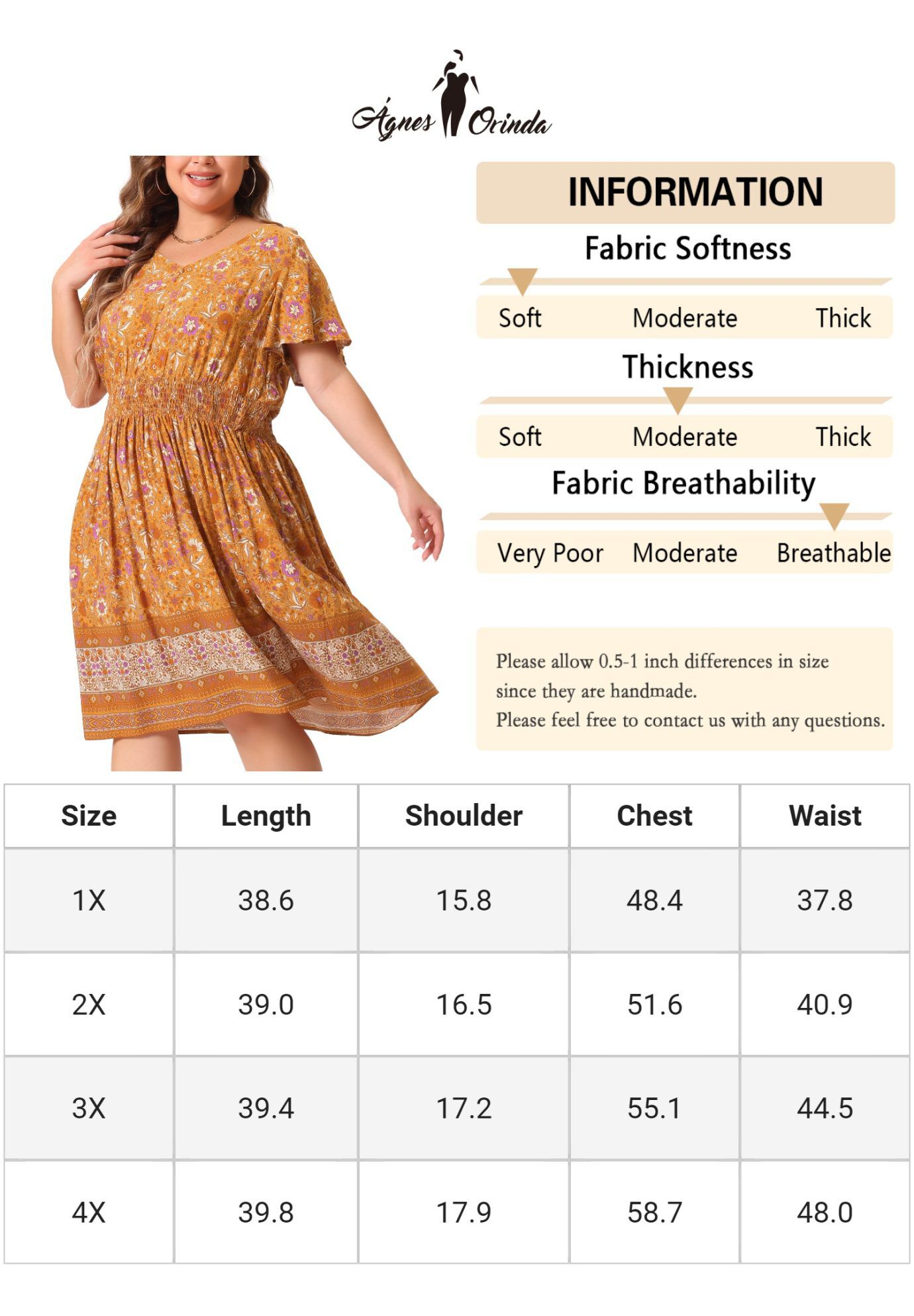 Placed Pattern Bohemian Smock Waist V Neck Summer Midi Dress, Orange / Orange, alternate image number 4