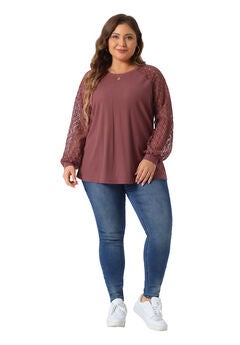 Lace Crew Neck Long Sleeve Loose Blouse