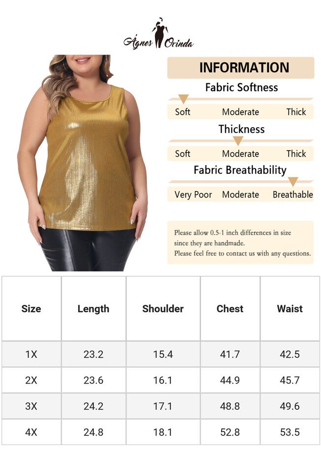Crew Neck Sleeveless Holographic Shiny Metallic Tank Top, Gold / Gold, alternate image number 2