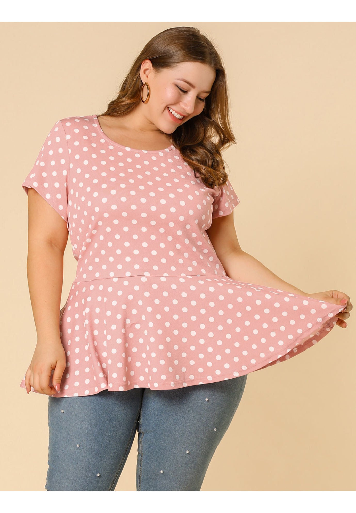 Casual Short Sleeve Polka Dots Peplum Tops Shirts, Pink / Pink, alternate image number 3