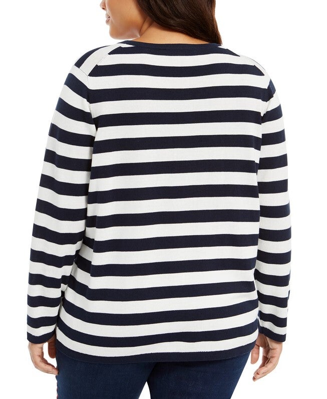 Tommy Hilfiger Women's Plus Size Ivy Striped Logo Sweater Blue Size 1X, , alternate image number 3