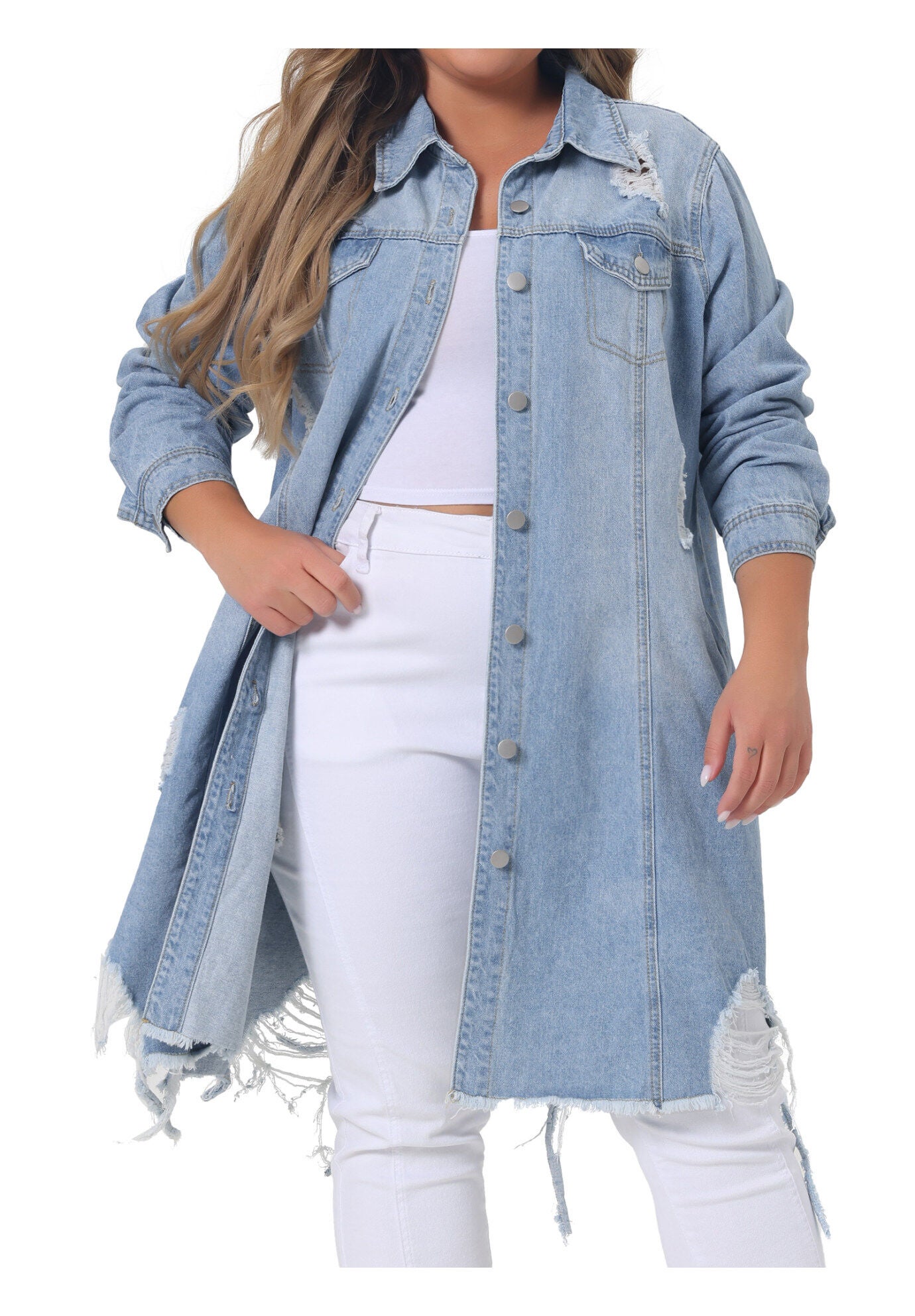 CLASSIC DISTRESSED FRAY HEM TRUCKER DENIM JACKET, Light Blue / Light Blue, alternate image number 2