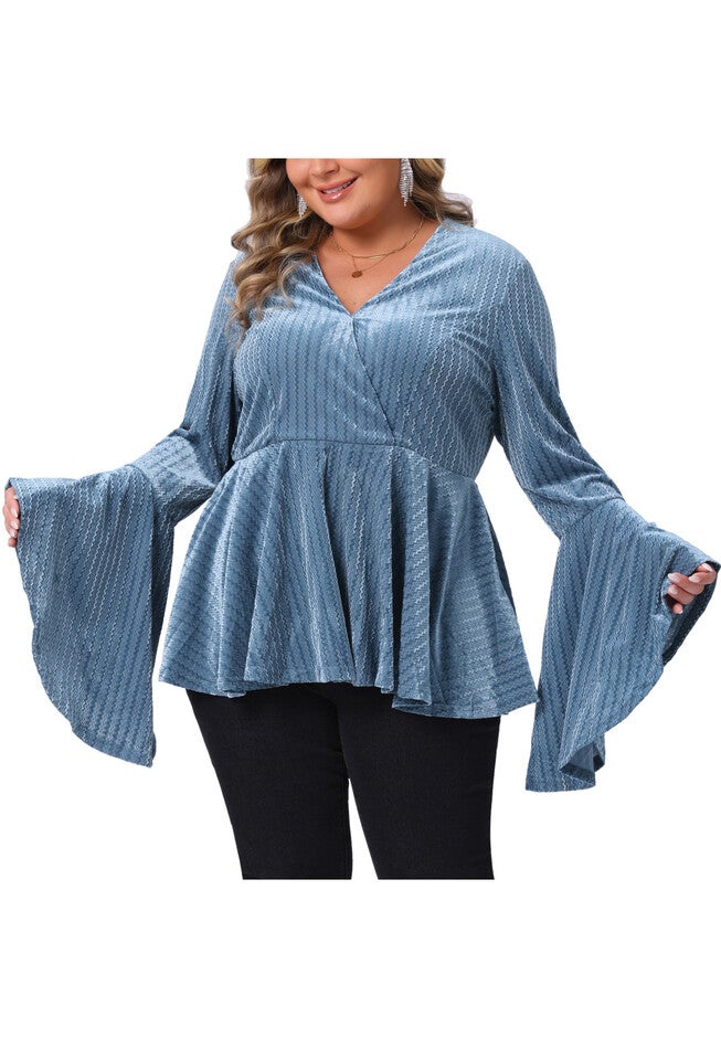 Velvet Faux Wrap Bell Sleeve Peplum Velvet Blouses, Blue / Dusty Blue, alternate image number 2