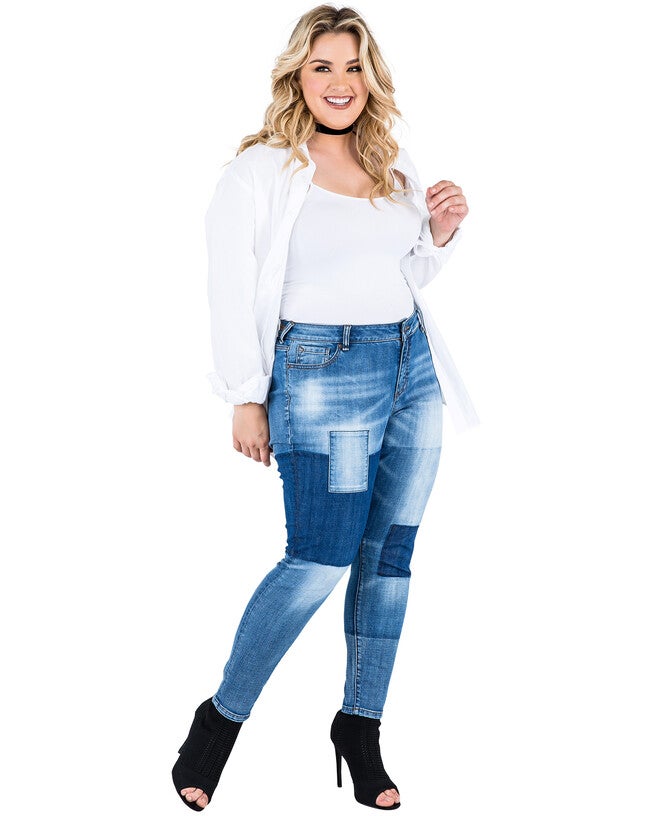 Plus Size Isabel Patchwork Indigo Stretch Jeans, , alternate image number 8