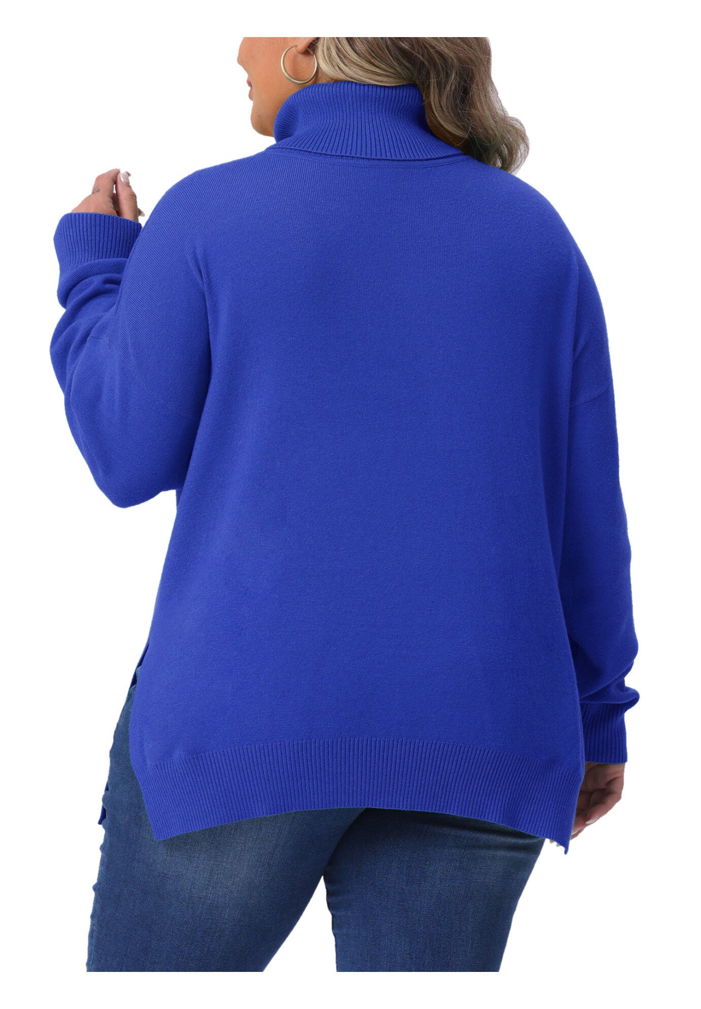 Turtle Neck Side Slit Casual Pullover Knit Top, Blue / Royal Blue, alternate image number 3