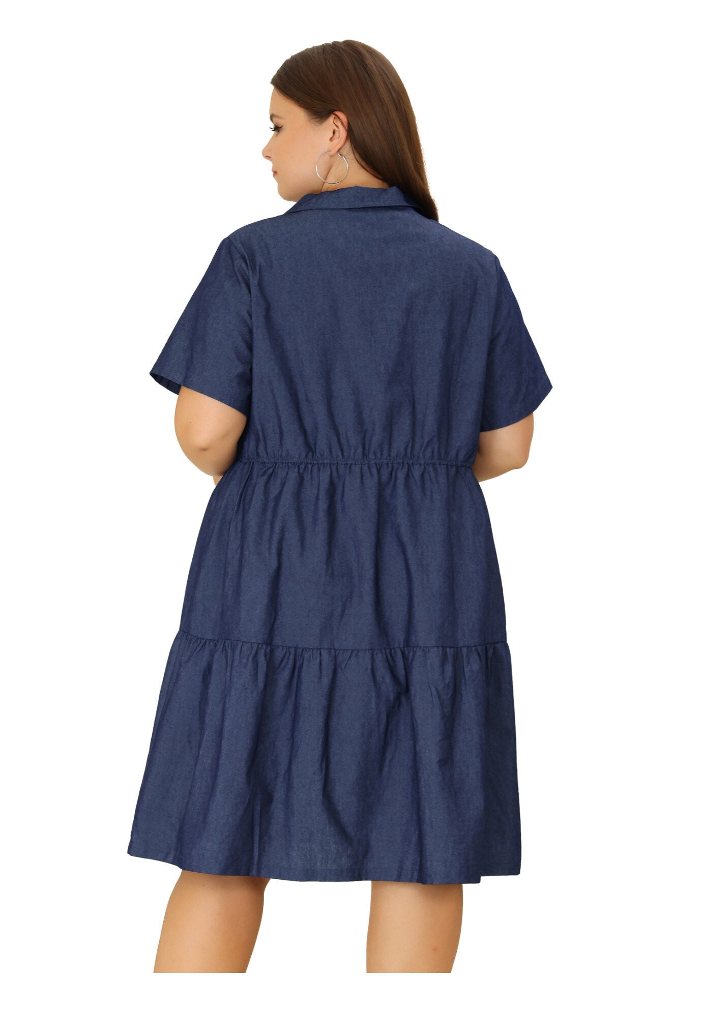 Short Sleeve Button Down Flowy Tiered Shirt Chambray Dress, Black Blue / Navy, alternate image number 3