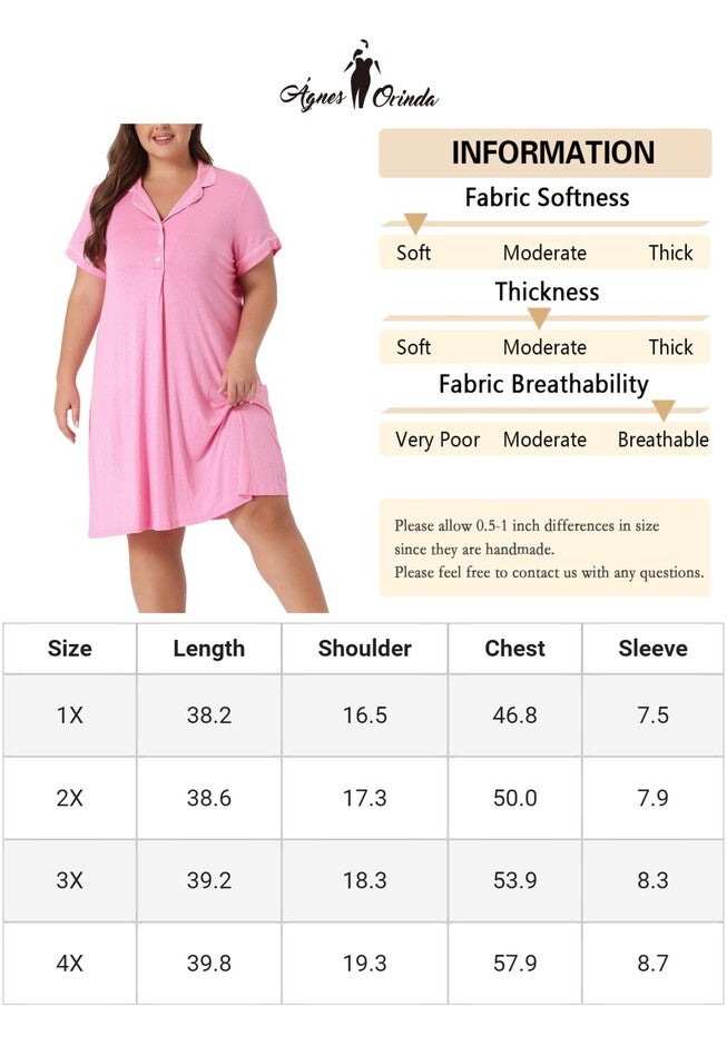 Short Sleeves Pajama Button Down Nightshirt, Pink / Pink, alternate image number null
