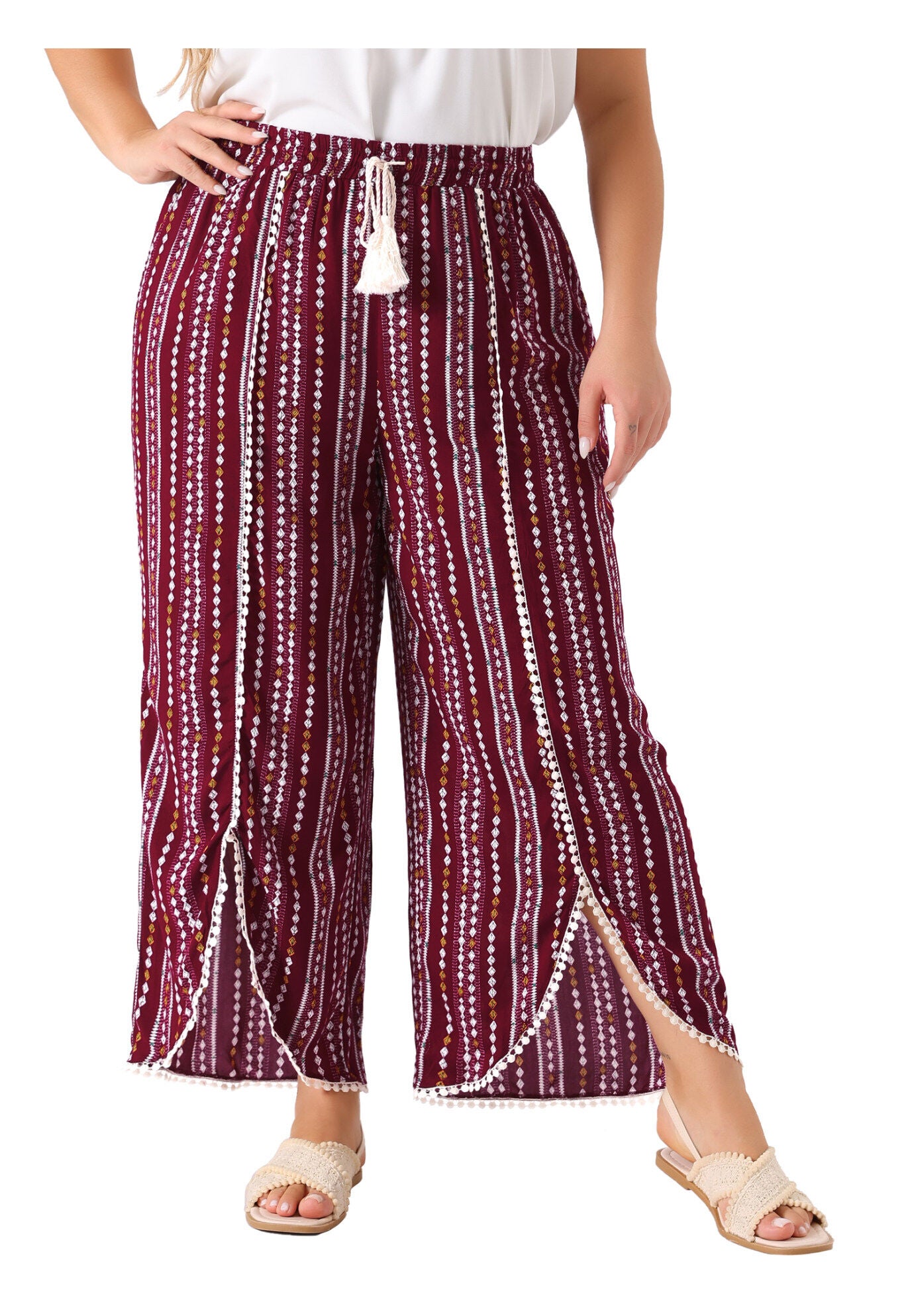 SPLIT ELASTIC WAIST FLOWY STRIPED WIDE LEG PANTS, Burgundy / Red, alternate image number 2
