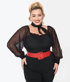 Unique Vintage Black & Red Flocked Hearts Sleeve Bodysuit