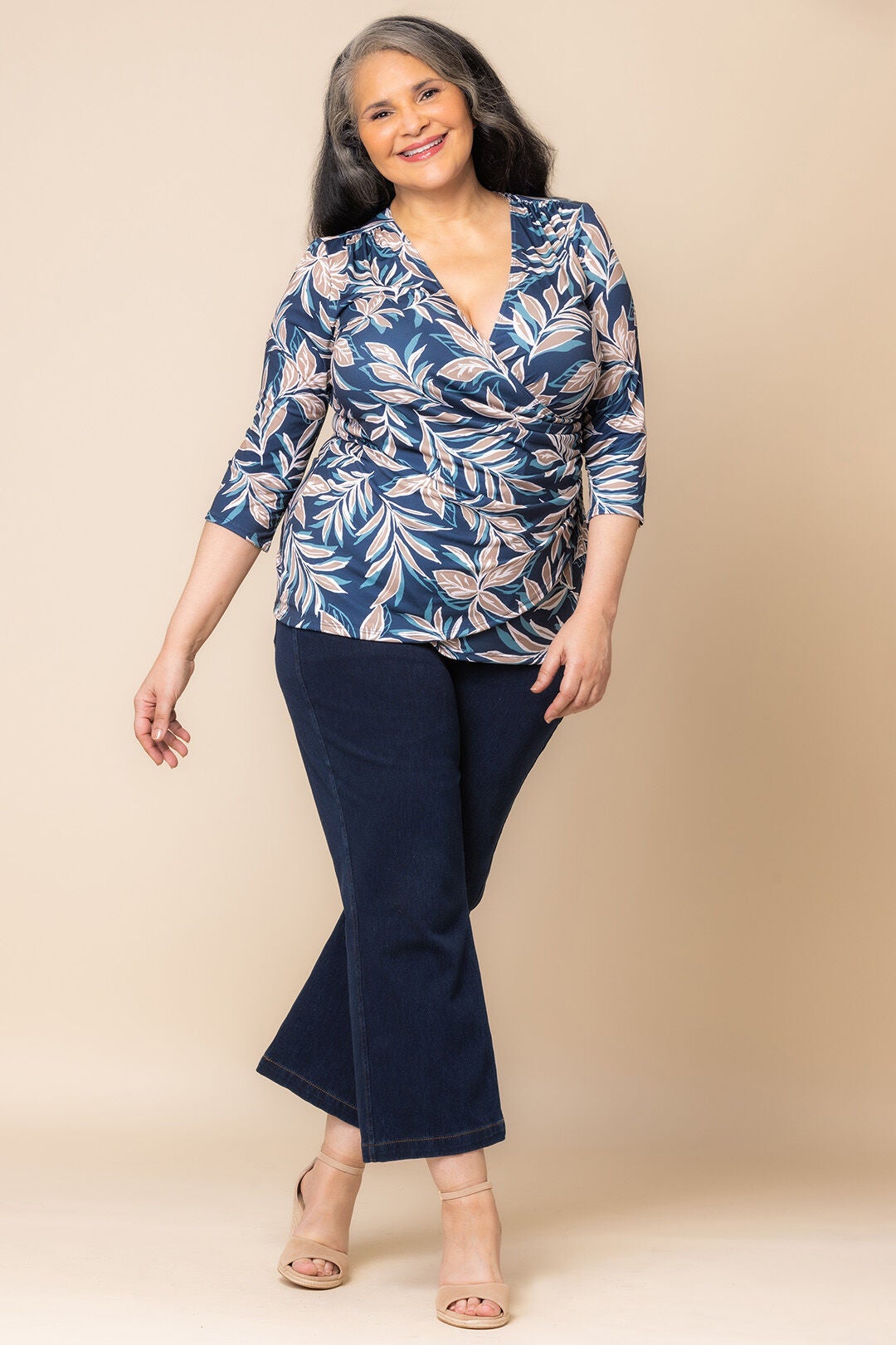 Femme Fatale Faux Wrap Top, Teal Botanical Print / Teal, alternate image number 4