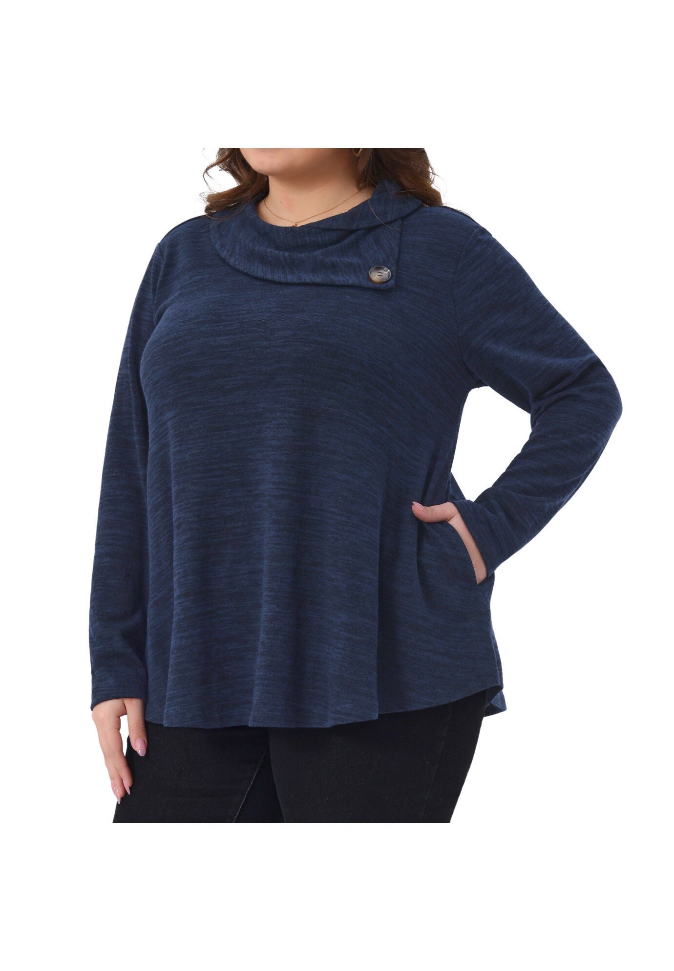 Cowl Neck Casual Loose Tunic Tops with Pockets, Dark Blue / Navy, alternate image number 1