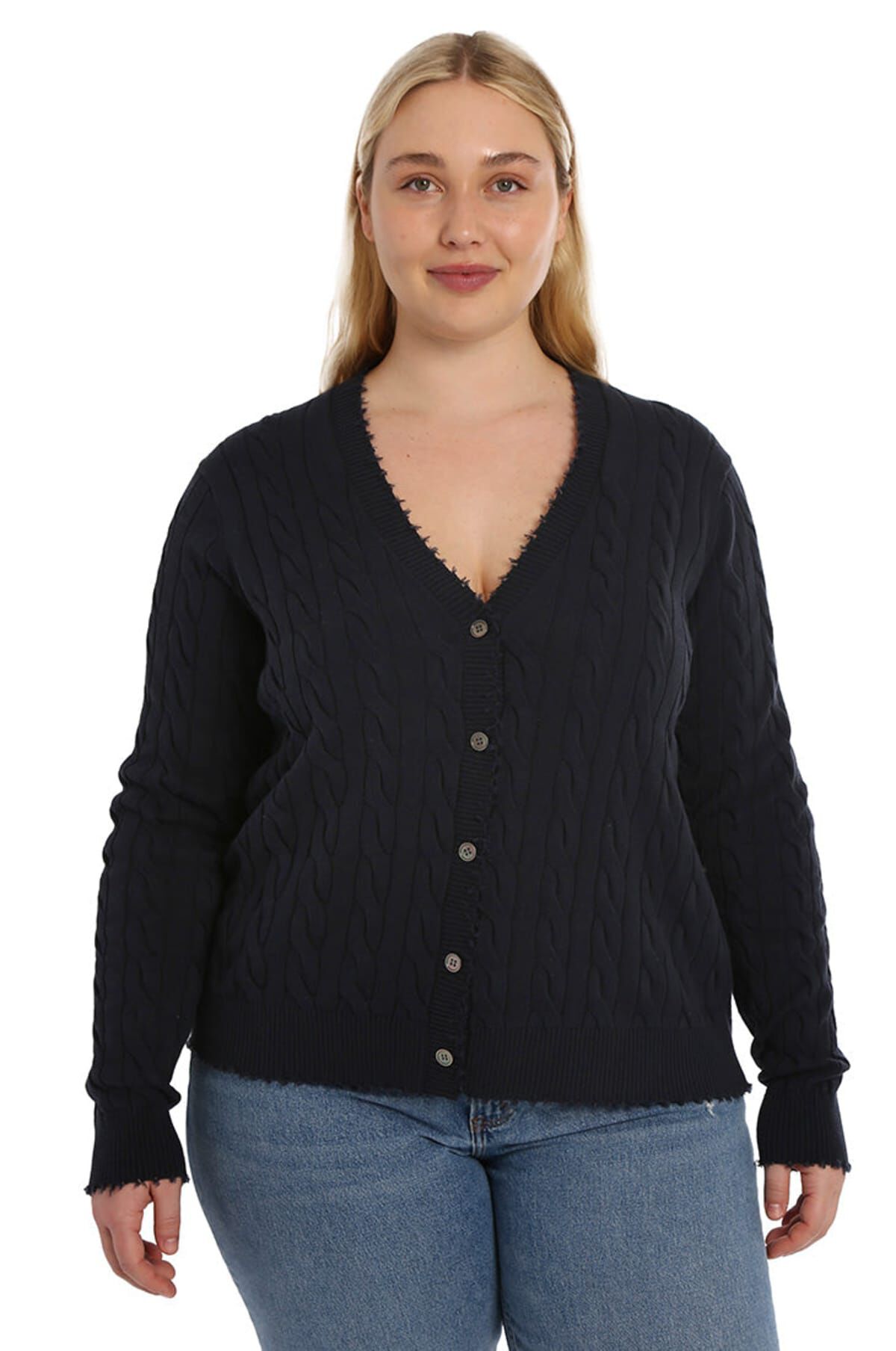 Cotton frayed edge cable cardigan, Navy / Navy, hi-res image number 0
