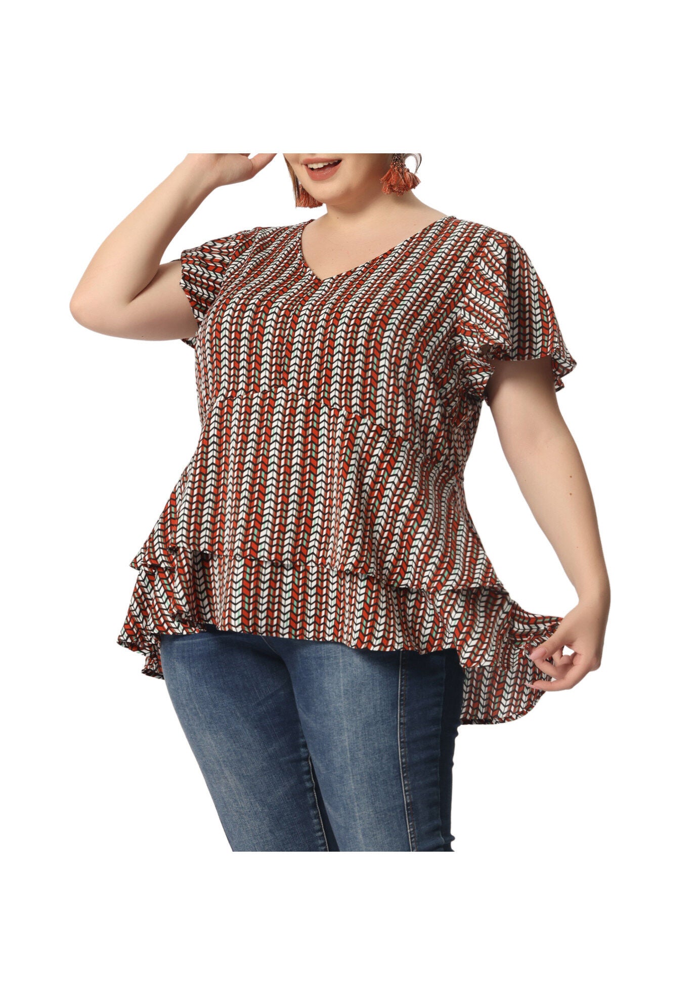 Summer Top V Neck Short Sleeve Peplum Geometric Print Layered Ruffle Blouse, Red / Red, alternate image number 2