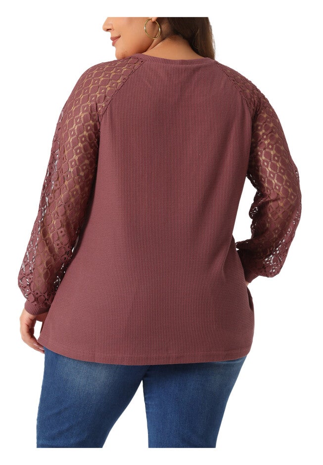 Lace Crew Neck Long Sleeve Loose Blouse, Purple Red / Terracotta, alternate image number 3