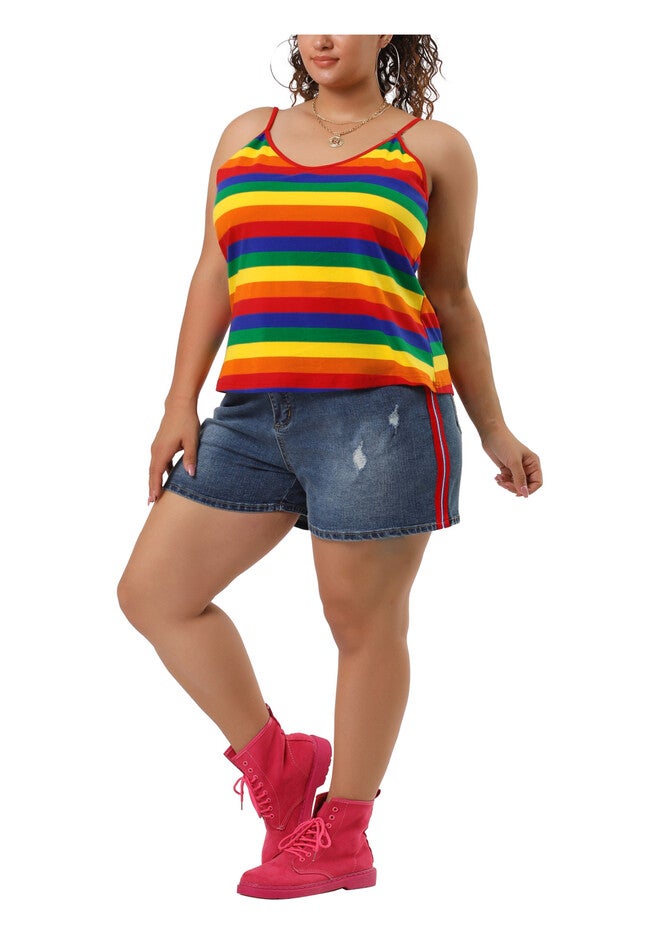 Stripe Cami Sleeveless Stretch Camisole Summer Top, Rainbow / Deep Fuchsia, alternate image number null