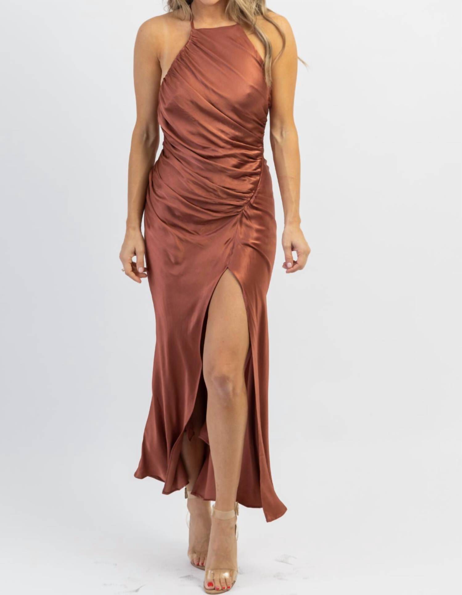 BILTMORE SATIN SHIRRING DRESS IN RUST, , alternate image number 8