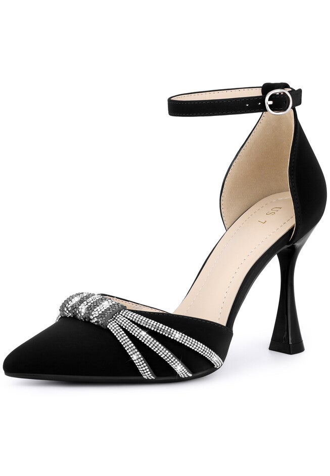 Pointed Toe Ankle Strap Rhinestone Stiletto High Heel Pumps, Black / Black, hi-res image number 0