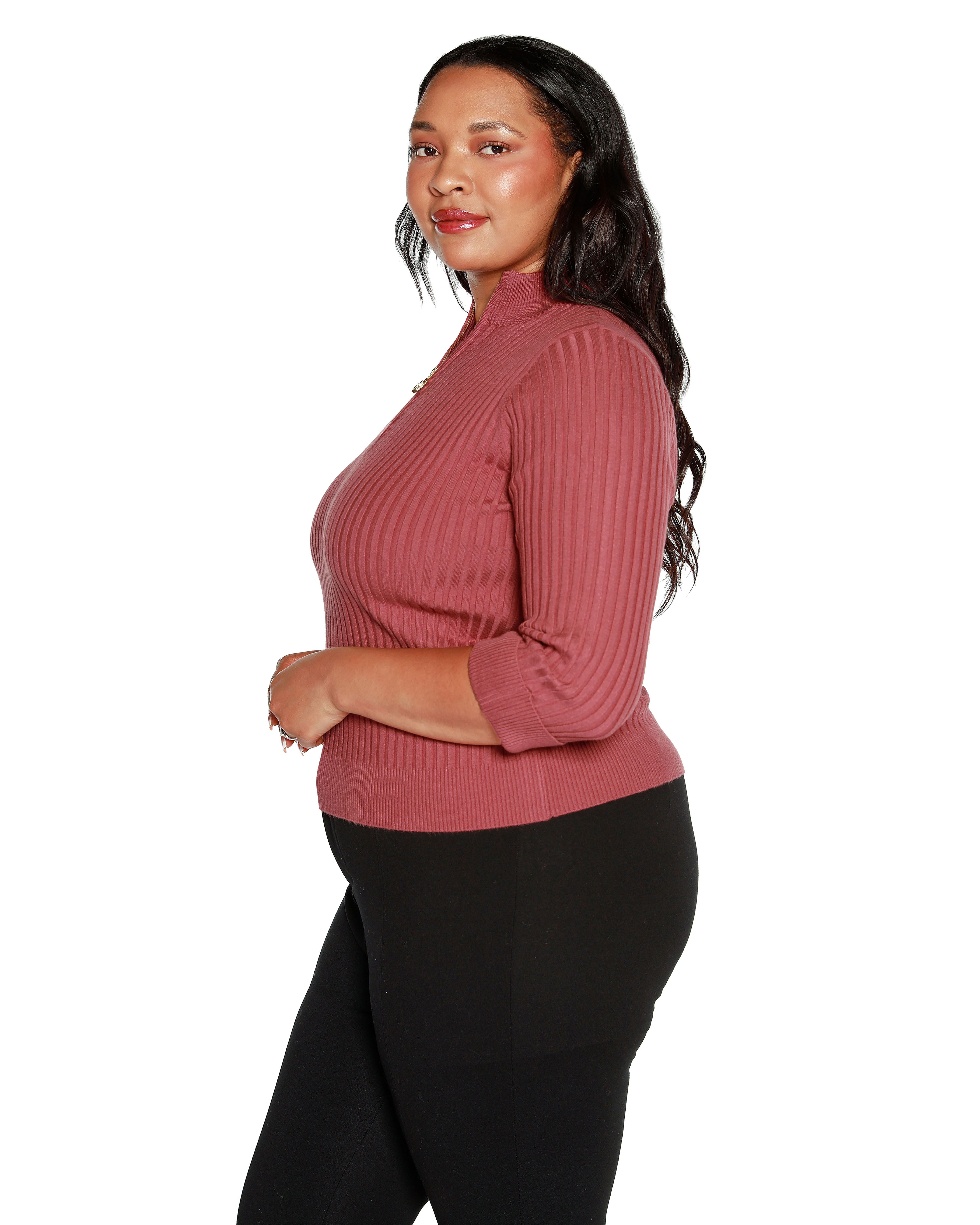 RIBBED QUARTER-ZIP SWEATER, Marsala Rose / Rust, alternate image number 1