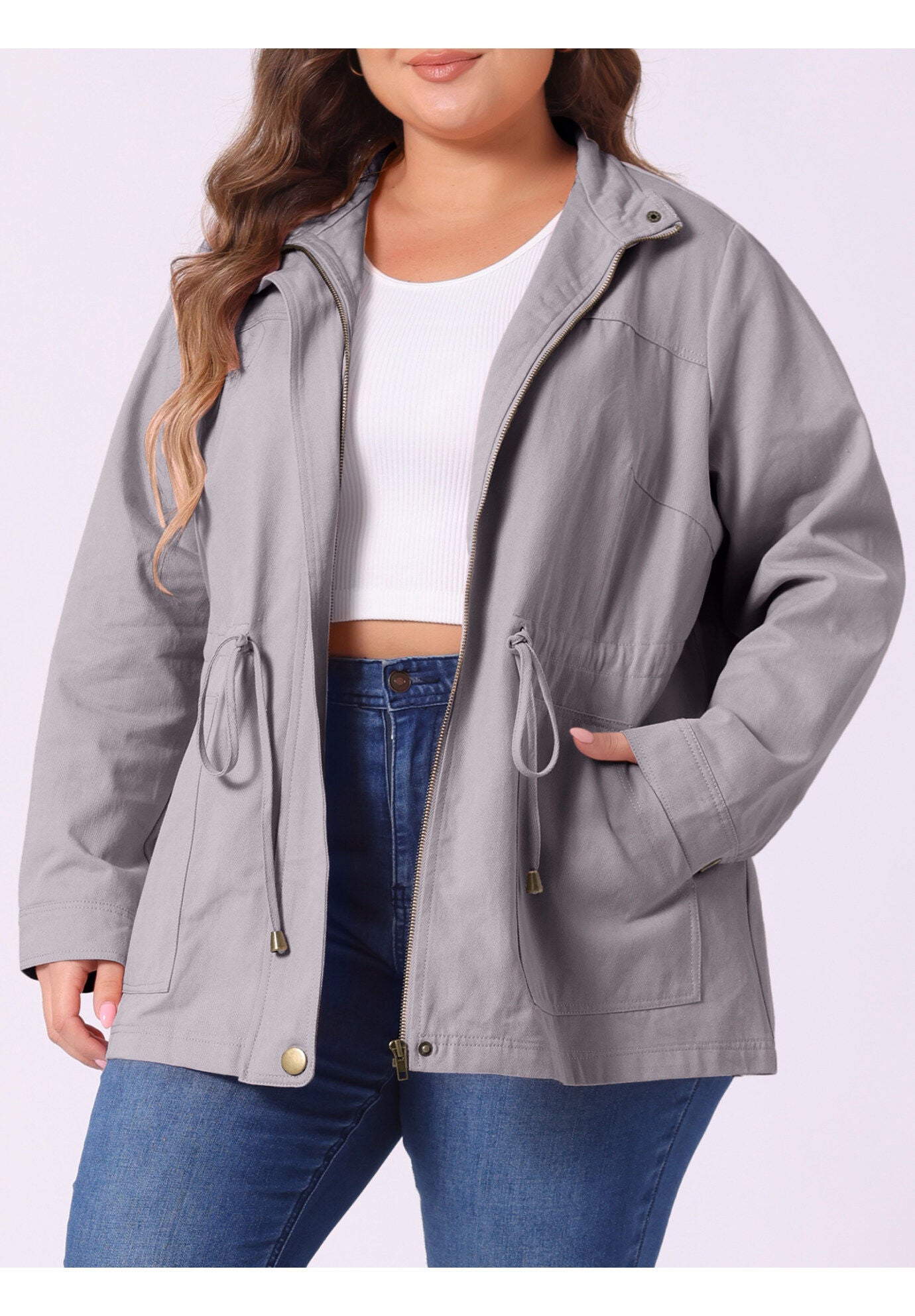 LIGHTWEIGHT ANORAK DRAWSTRING UTILITY JACKET, Light Grey / Light Grey, alternate image number 4