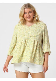V Neck Babydoll Flowy 3/4 Lantern Sleeve Floral Blouse