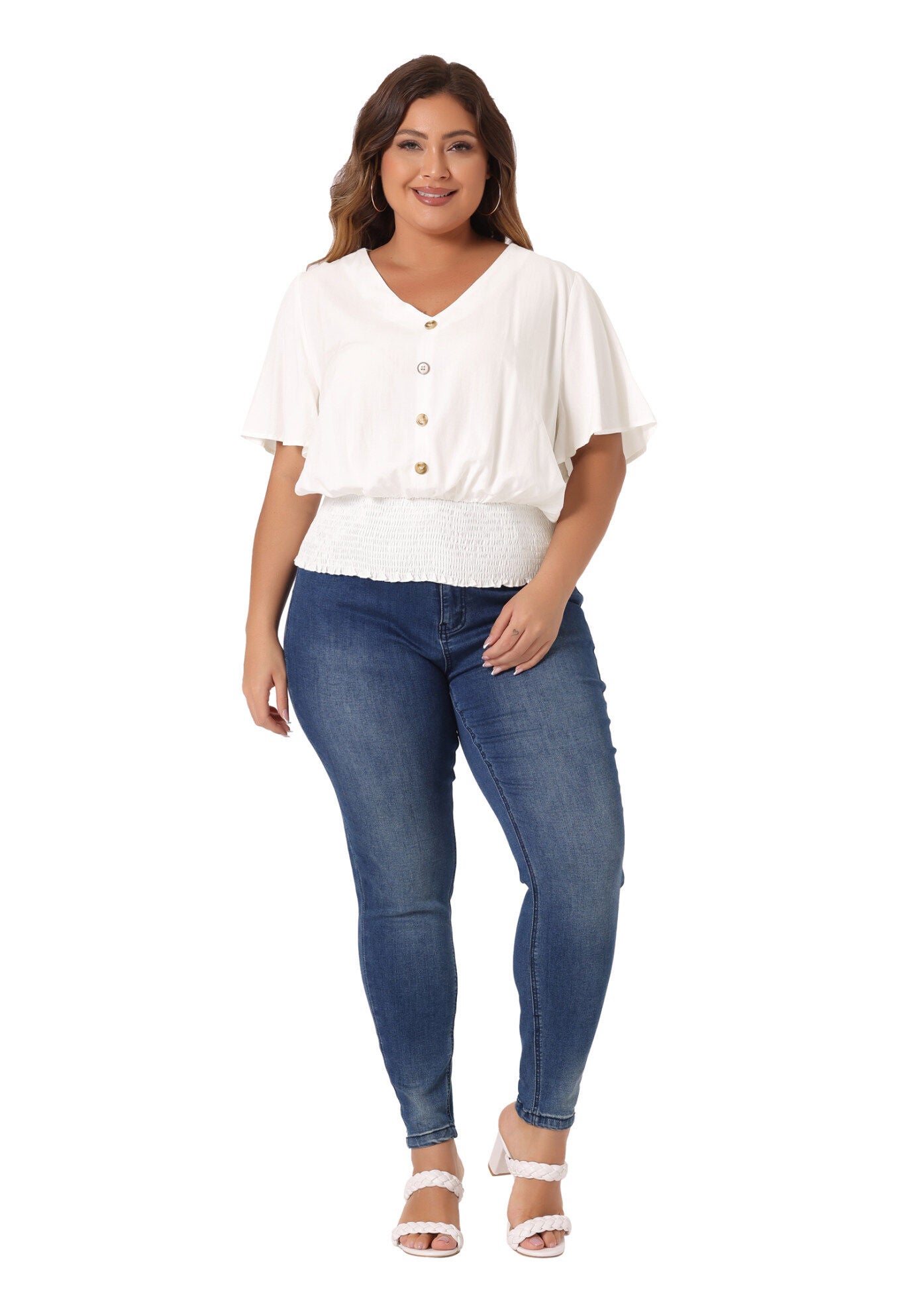 V Neck Button Up Short Sleeve Shirred Crop Shirt Blouse, White / White, hi-res image number 0