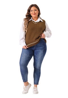 V Neck Stripe Cable Knit Sleeveless Pullover Sweater Vest