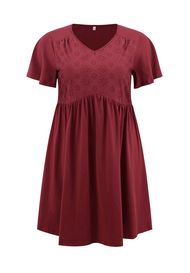 Summer V Neck Ruffle Sleeve Pleated Swing A-Line Dress, Burgundy / Burgundy, alternate image number null