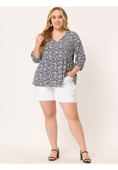 V Neck Babydoll Flowy 3/4 Lantern Sleeve Floral Blouse