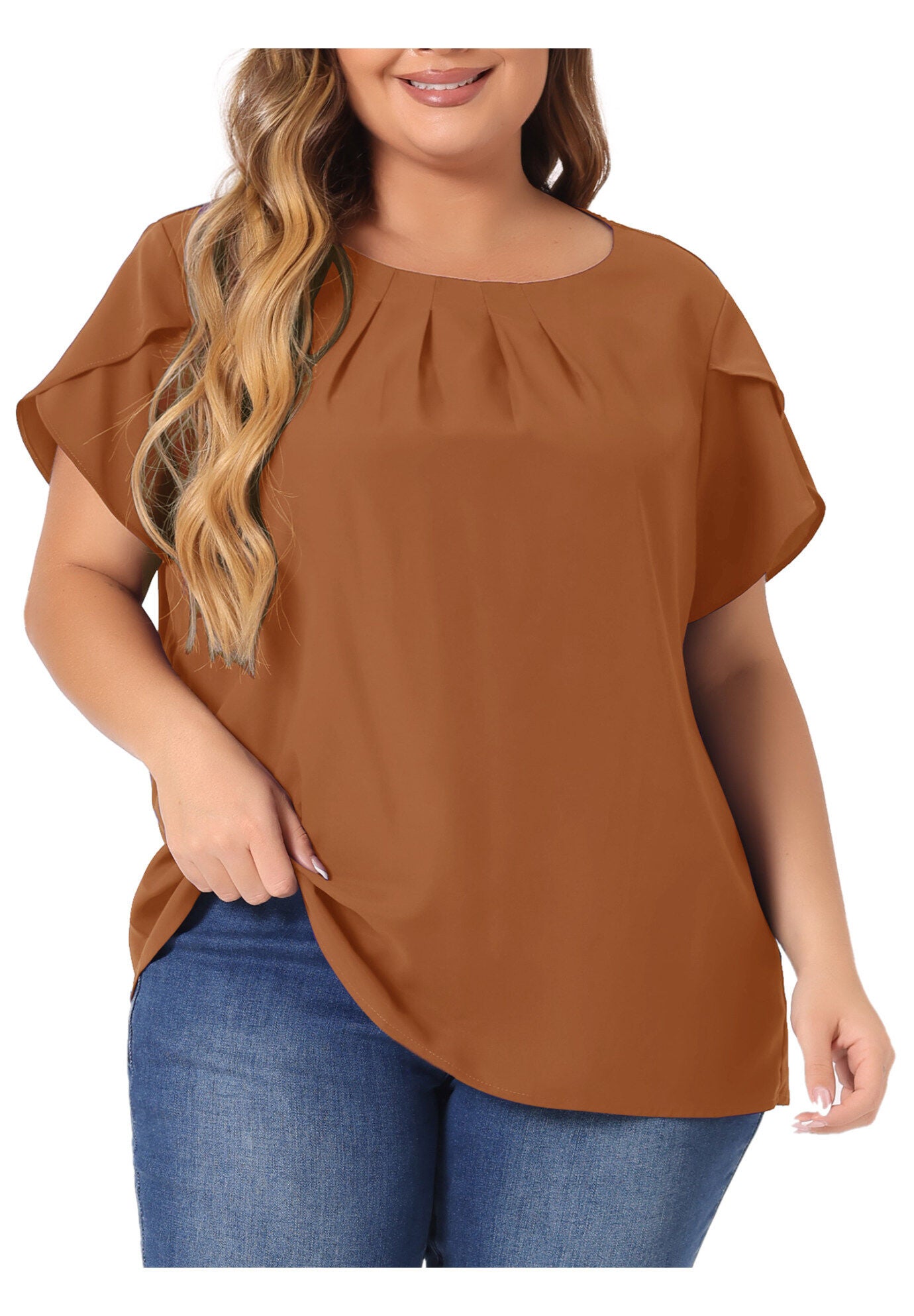 Round Neck Pleated Top Tulip Sleeves Blouse Top, Brown / Brown, alternate image number 2