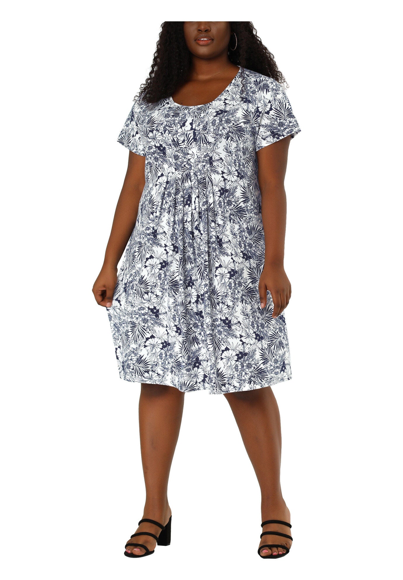 Short Sleeves Pleated Summer Beach Casual Loose Floral Dress, Navy Blue / Navy, alternate image number 1