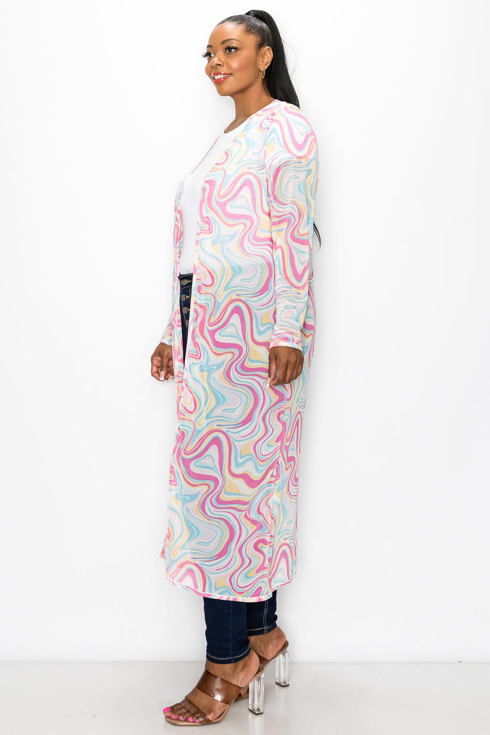 MEGAN SWIRL PRINT MESH CARDIGAN, CandySky Blue / Light Blue, alternate image number 3