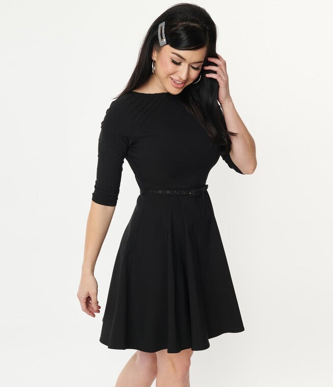Unique Vintage Black Stephanie Fit & Flare Dress, Black / Black, alternate image number null
