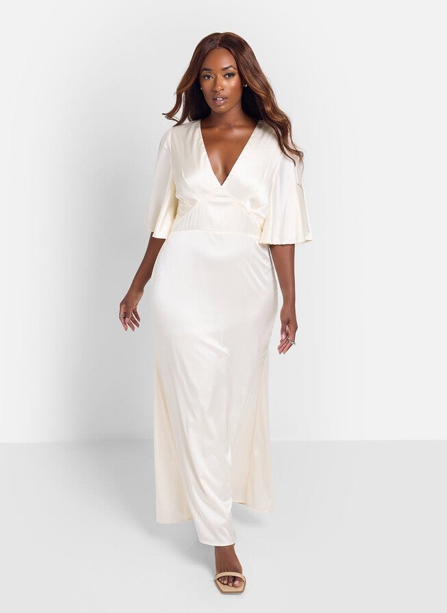 HYDRANGEA SATIN FLUTTER SLEEVE MAXI SLIP DRESS | Dia & Co HYDRANGEA SATIN FLUTTER SLEEVE MAXI SLIP DRESS | Dia & Co