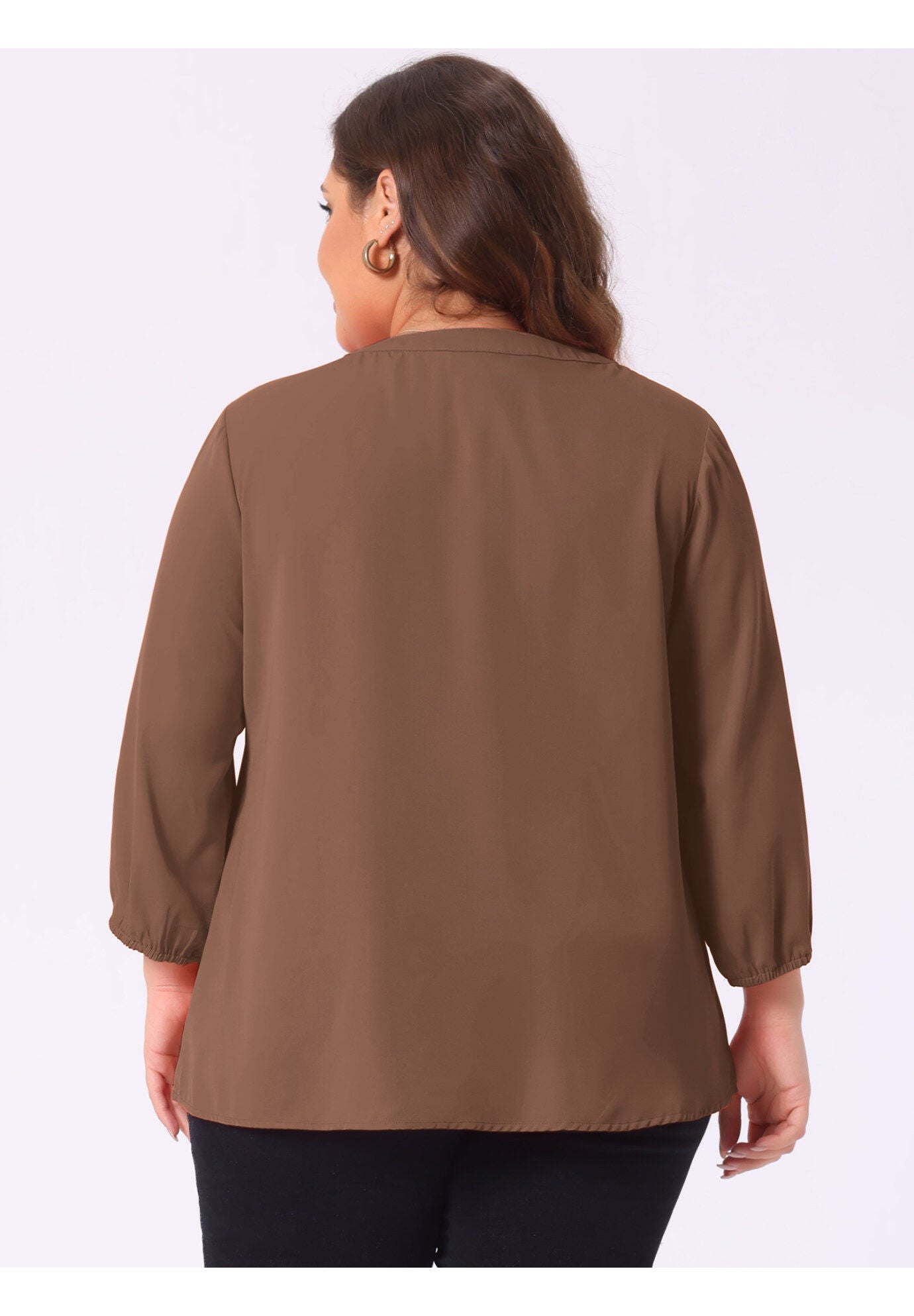 Work Round Neck Ruffle Chiffon Blouse Top, Dark Brown / Brown, alternate image number 3