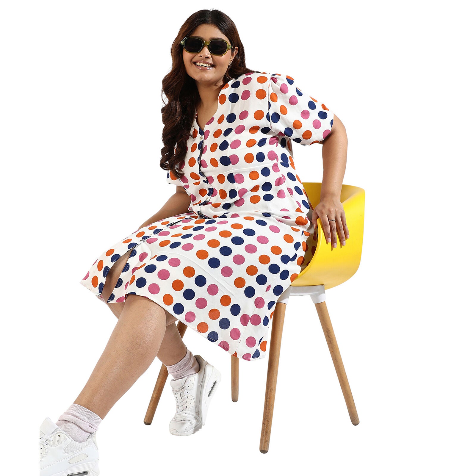 Women Polka Dot Button Down Dresses, White / White, alternate image number 2