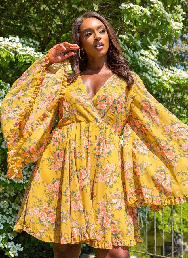 PENNY FLORAL FLARED SLEEVE MINI SKATER DRESS, Mustard / Mustard, hi-res image number 0