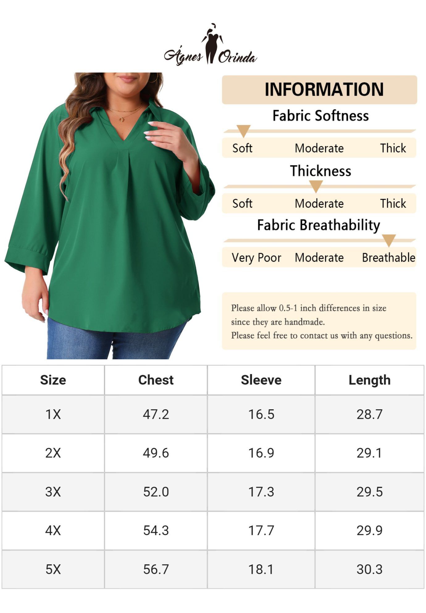 V Neck 3/4 Sleeve Flowy Blouse Work Chiffon Shirt, Green / Kelly Green, alternate image number 4