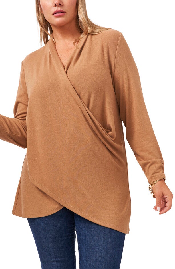 L/S CROSS FRT COZY KNIT TOP, WILD OAK / Tan, hi-res image number 0