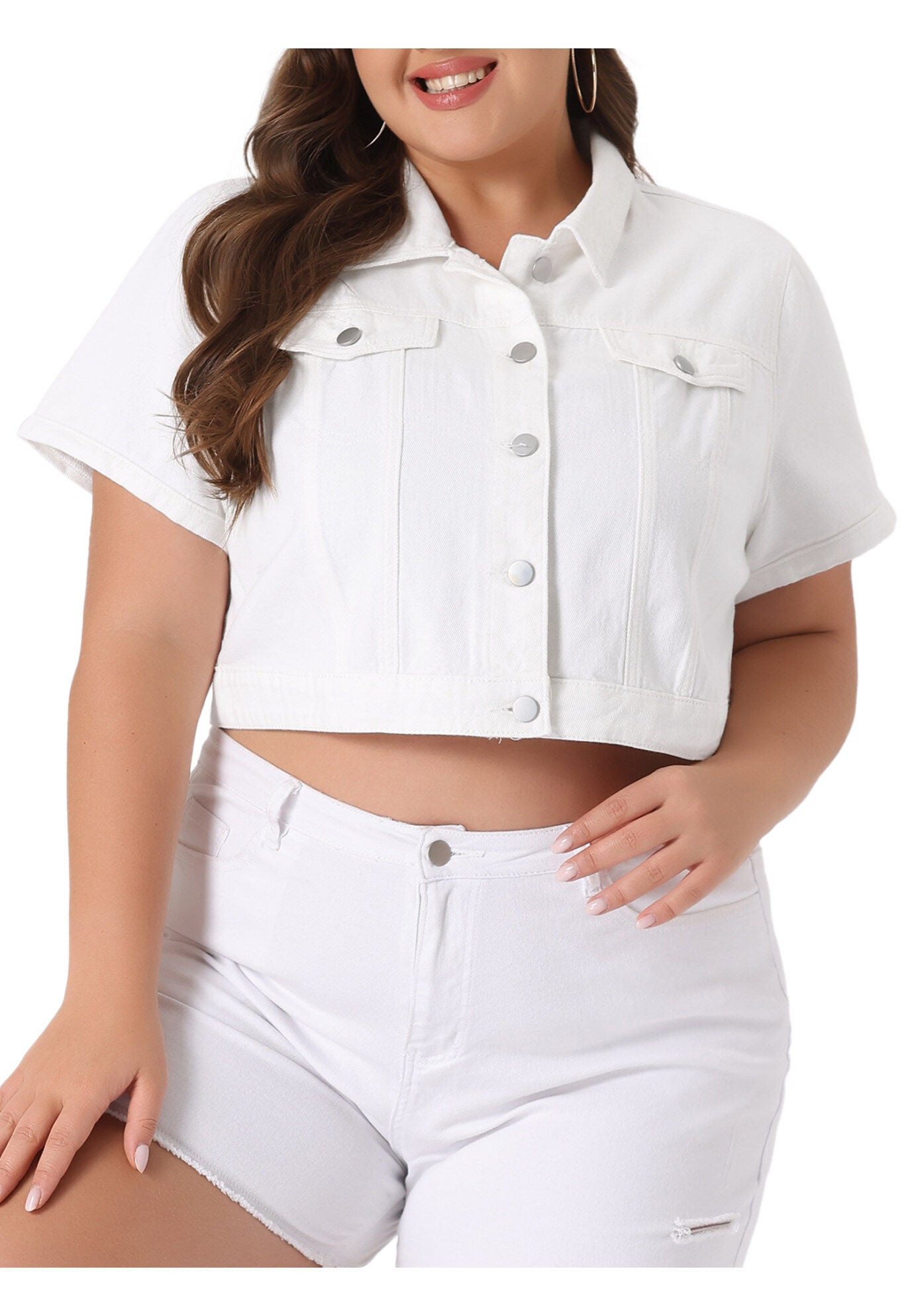 SHORT SLEEVE BUTTON DOWN CROPPED DENIM JACKET, White / White, alternate image number 2