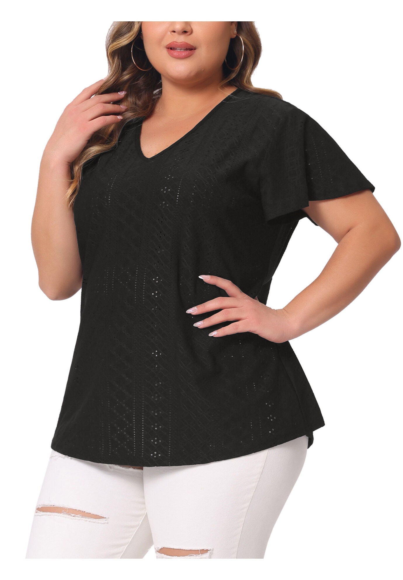 Summer Tee V Neck Hollow Flare Short Sleeve Casual Top Tunic, Black / Black, alternate image number 2
